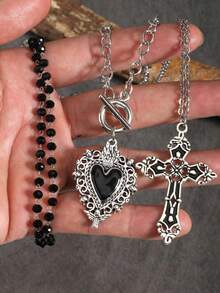 3pcs Vintage Gothic Style Beaded Black Heart OT Chain, Punk Rock Retro Sweet Goth Cross Necklace, Dark Gothic European & American Y2K Choker Necklace Design