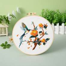1set DIY Hand Embroidery Kit, Bird & Floral Pattern, Includes Embroidery Hoop, Threads, Stencil For Beginner, Random Color - Multicolor - View 17