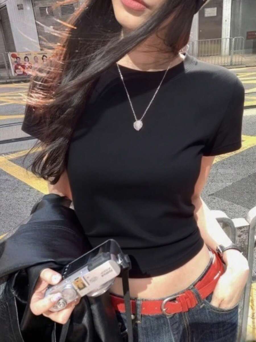 夏季新款简约短袖T恤修身休闲圆领上衣韩版日系风 - 黑色 - 查看 1