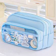 [ Cosmetic Bag] Large Light Blue Multi-Compartment Pencil Case | Twill Fabric With Clear Window, Portable Cosmetic Bag For Stationery, Makeup, And Accessories, Makeup Organizer,Back To School - Multicolor - View 8