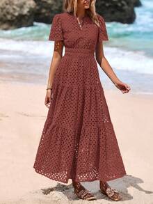 Women's Spring And Summer Maxi Dress Short Sleeve V Neck Hollow Out Eyelet A Line Long Flowy Wedding Guest Beach Vacation Dresses For Women - 棕紅色 - 查看 5