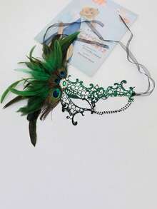 Premium Halloween Bestselling Rhinestone Decorated Artificial Feather One-Eye Half Face Mask With Chain, Masquerade Party Costume Prop