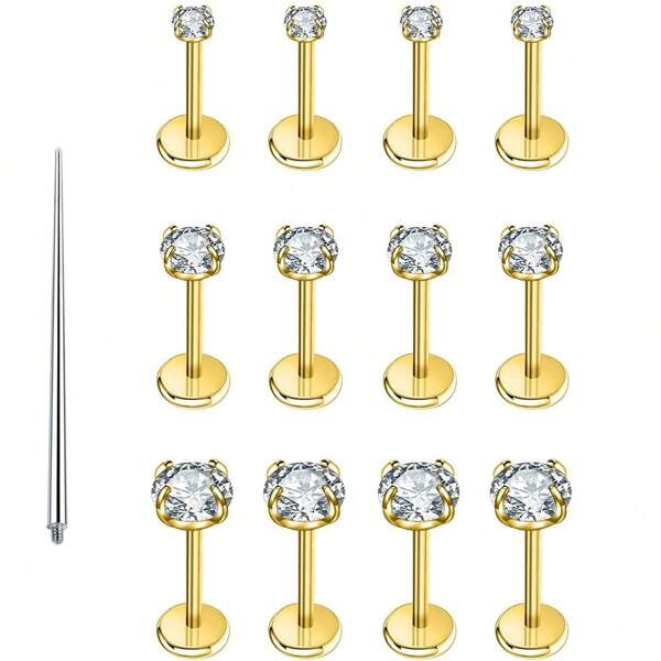 13 piezas de 16G Pendientes de botón de acero inoxidable quirúrgico sin rosca para perforación de nariz, trago, hélix, labio, Medusa