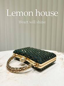 1 geantă de mână verde metalizat cu romburi și paiete, curea detașabilă cu lanț, poșetă elegantă, potrivită pentru rochii de seară, ocazii formale, nunți, petreceri, festivaluri