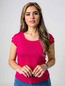 Women's Double Sleeve Blouse Basic Short Sleeve T-Shirt - 玫紅色 - 查看 1