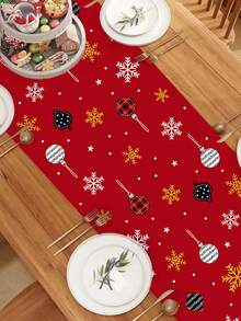 1pc 35x180cm Christmas Polyester Tablecloth, Red Polyester Tablecloth With Gold Snowman And Gift Christmas Tree Pattern, Suitable For Christmas Dinner Table Decoration, Home Holiday Textile Decor - Multicolor - View 8