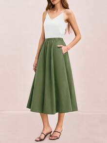 Womens A-Line Midi Skirt Elastic High Waist Pleated Flowy Swing Casual Long Skirt With Pocket - 橄欖綠 - 查看 6