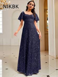 NIKBK Abito da sera elegante con paillettes per donna, in misto poliestere ed elastan, scollo quadrato, orlo ampio, lunghezza lunga, tessuto maglia vestibilità morbida, con 95% poliestere, 5% elastan, adatto per feste, banchetti, spettacoli e occasioni speciali, abito da sera formale, vestito da ballo del 4 luglio - Blu Navy - Visualizzare 7