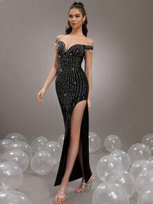 New Women's Luxury Heavy Industry Shiny Diamond Design Sexy Long Bandage Dress With One Piece Collar Shoulder Sleeve Water Diamond Tassel Design Tight Fit Fork To Thigh Long Dress For Women's Festivals/Weddings/Parties/Banquets/Women's Formal Banquets Dress - Black - View 5