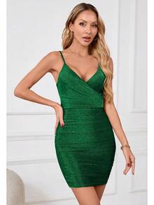Women's Glitter Party Dresses Sexy V Neck Spaghetti Strap Faux Wrap Ruched Bodycon Sparkly Night Club Mini Dress Halloween Christmas New Year