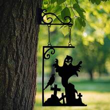 1pc Witch Silhouette Metal Wall Decor - Wrought Iron Halloween Decoration With Witch Hat And Cauldron, Garden Party Wall Hanging, Home And Garden Outdoor Wall Art, Garden Wall Decor | Halloween Decoration | Durable Metal Art, Halloween Decorations