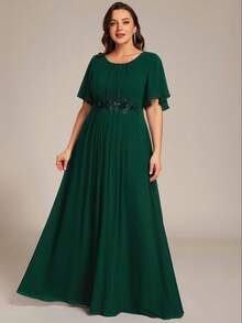 大码短袖雪纺贴花长款伴娘礼服，适合春季婚礼及派对等正式场合。 - 墨綠色 - 查看 3