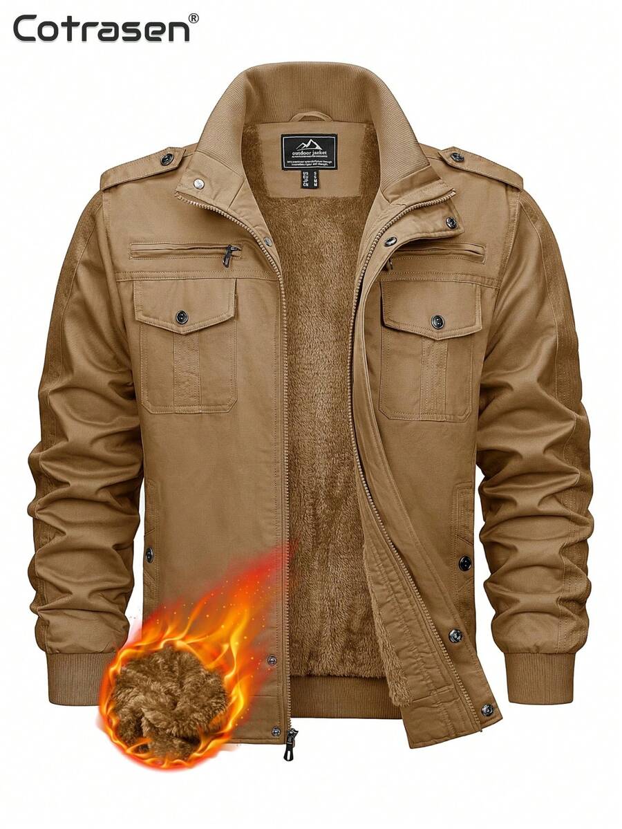 Cotrasen Men's Winter Fleece Cargo Jackets Warm Thick Military Bomber Jacket Multi Pocekt Windproof Work Coat