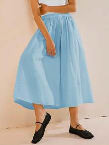 Womens A-Line Midi Skirt Elastic High Waist Pleated Flowy Swing Casual Long Skirt With Pocket - 淺藍色 - 查看 4