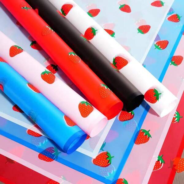 20pcs Cartoon Strawberry Printed Waterproof Floral Wrapping Paper, Semi-Transparent Bouquet Wrapping Paper, Suitable For Weddings And Gifts