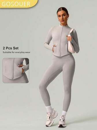 GOSOUER 2-DELARS CO-ORD-SET damklassisk lätt fleece-jacka med varm utomhussport och yogaleggings för vinter och höst