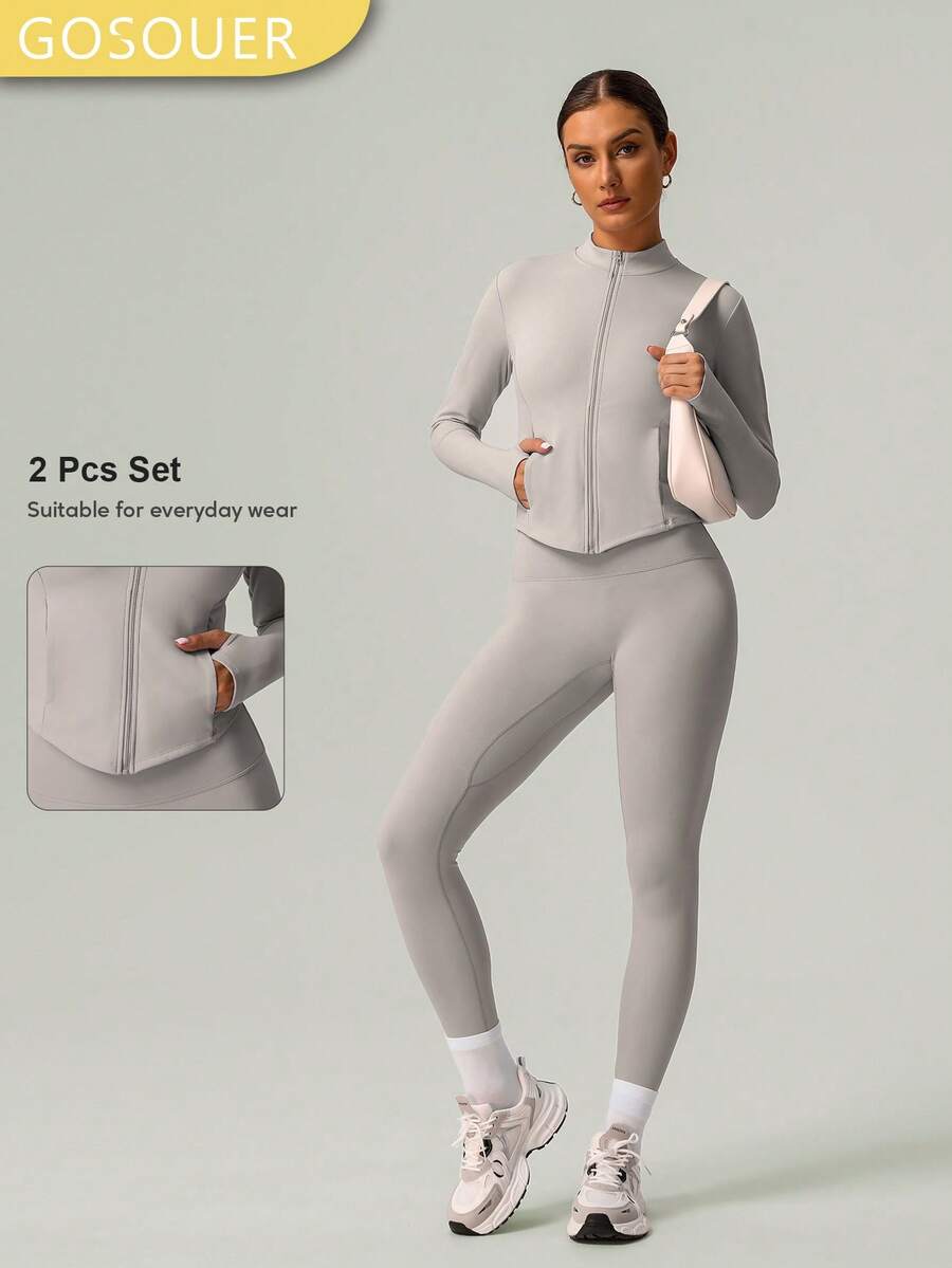 GOSOUER 2 PCS Co Ord Set Women's Classic Light Fleece Warm Outdoor Sports Jacket With Butt Lifting Yoga Legging For Winter Autumn - Grey - View 1