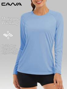 Cavva 女式夏季 UPF50+ 速干吸湿排汗长袖上衣 100% 涤纶 轻盈透气 圆领 修身 女士插肩袖 休闲户外