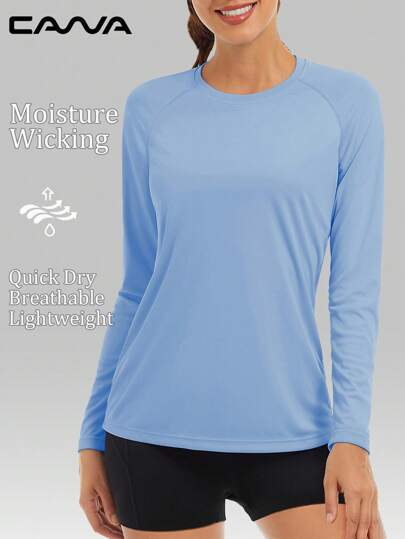 Cavva 女式夏季 UPF50+ 速干吸湿排汗长袖上衣 100% 涤纶 轻盈透气 圆领 修身 女士插肩袖 休闲户外
