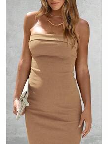 Women's Summer Bodycon Maxi Tube Dress Ribbed Strapless Side Slit Long Going Out Casual Elegant Party DressesHalloween Christmas New Year - 駝色 - 查看 3