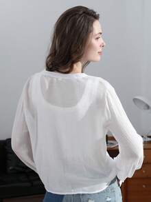 Áo kiểu Pháp thanh lịch và độc đáo, thêu hoa và thiết kế khoét rỗng, áo sơ mi dài tay nữ kiểu dáng thường ngày cho mùa xuân và mùa hè. - Màu be - Xem 12