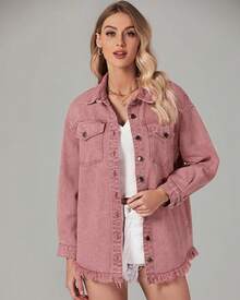 Vetinee Women's Oversized Button Up Frayed Hem Shacket Long Sleeve Pockets Denim Jean Jacket - Faded Rose - 查看 5