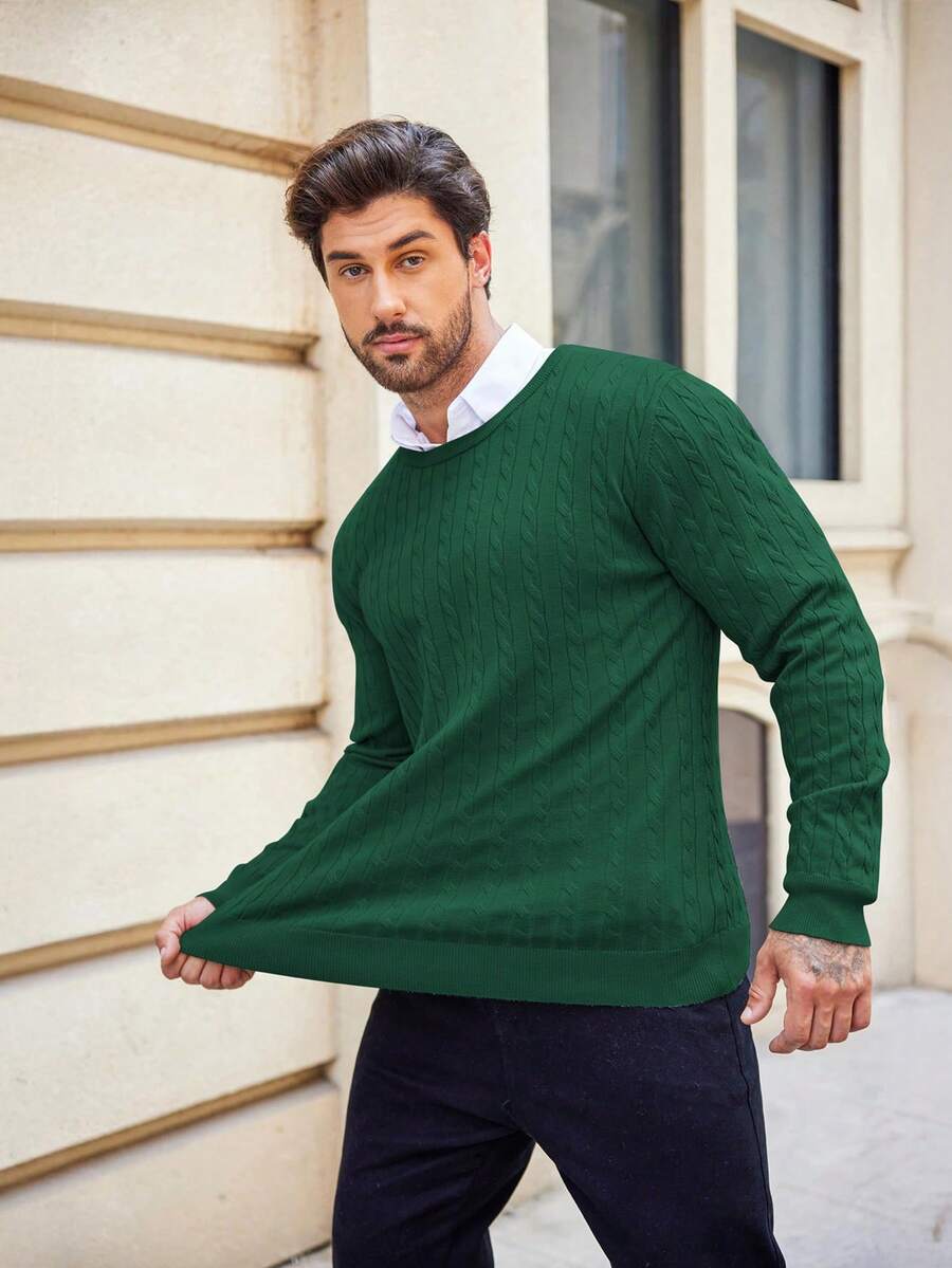 Men's Minimalist Solid Color Cable Knit Long Sleeve Sweater - Dark Green - View 1
