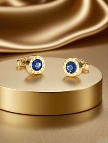 MONALLY 1 Pair 18K Gold Plated Stainless Steel Roman Numeral Stud Earrings, 0.035μm Thickness - Royal Blue - View 2