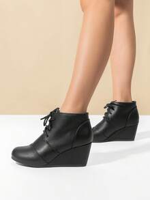 女性休閒時尚系帶低結婚鞋跟踝靴 - 黑色 - 查看 3