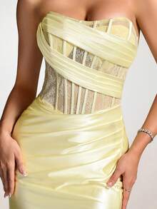 VIPGIRL 香槟色奢华柔软缎面无肩带束身礼服,垂褶紧身胸衣搭配高开衩设计,优雅伴娘礼服,性感正式礼服,适合婚礼、长款舞会、开斋节派对和红毯活动。 - 黃色 - 查看 9