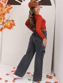 Women's Wide Leg Black Pants, Kids' Youth Denim, Stylish, Pocket Cargo Premium - màu đen - Xem 2