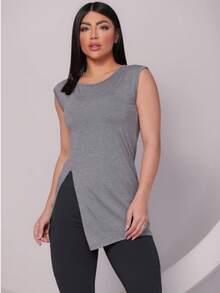 Blusa Feminina Regata Machão Long Line com Abertura P ao GG Academia Fitness - Chumbo - Visão 2