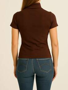 Women's Ribbed Mock Neck Short Sleeve Slim Fit Knit Top, Lightweight Stretchy Soft Tee Shirt, Casual Minimalist High Neck Pullover For Work, Travel And Everyday Wear, Classic Beige - 棕色 - 查看 3