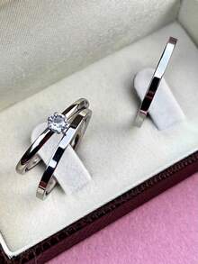Pair Of Straight Wedding Rings 2mm Plus Solitaire Ring Stainless Steel Silver Dating/ Engagement/ Commitment/ Wedding - 銀色 - 查看 1