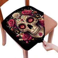 1/4/6/40 Stücke Halloween-Thema mit Totenkopf umgeben von Blumen bedruckte abnehmbare Stretch-Milchfaser-Stuhlbezüge, Restaurantstuhlbezüge - quadratische Sitzkissen für Restaurant, Küche, Esszimmer, Hotel, abnehmbare weiche Kissen-Stuhlbezüge