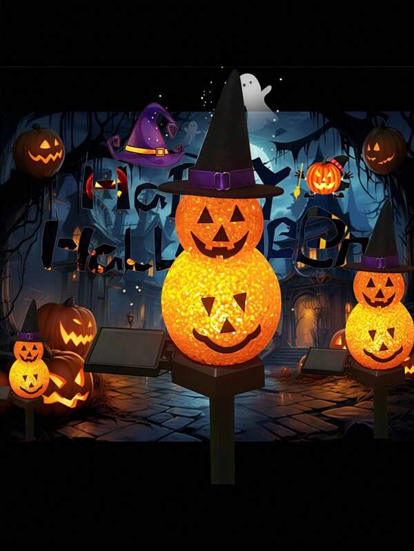 1 pieza Sombrero de mago solar de Halloween, Luz de césped de calabaza, Luz decorativa solar a prueba de agua con calabaza, Luz decorativa LED solar con estilo de terror y diversión, Adecuada para decoración exterior a prueba de agua para Halloween, jardín, pasillo, terraza, patio trasero, césped, patio, valla, camino, escalera, decoración de fiesta de Halloween.