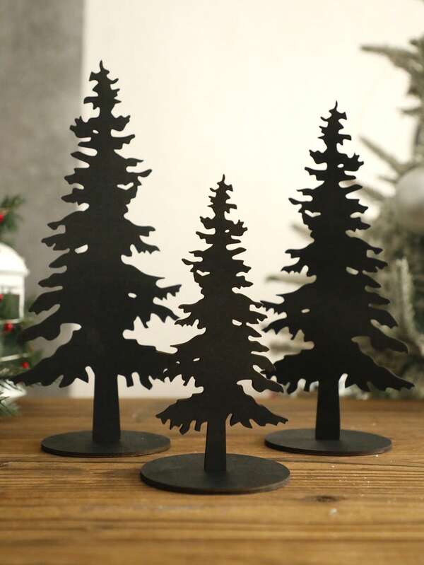 1pc/3pcs Black Wooden Pine Tree Decor, Rustic Style Black Wooden Pine Tree Desktop Ornament, Vintage Forest Pine Tree Decoration, Holiday Party Decor, Holiday Party Scene Props, Home, Desk, Dorm Decoration, Gift For Friends