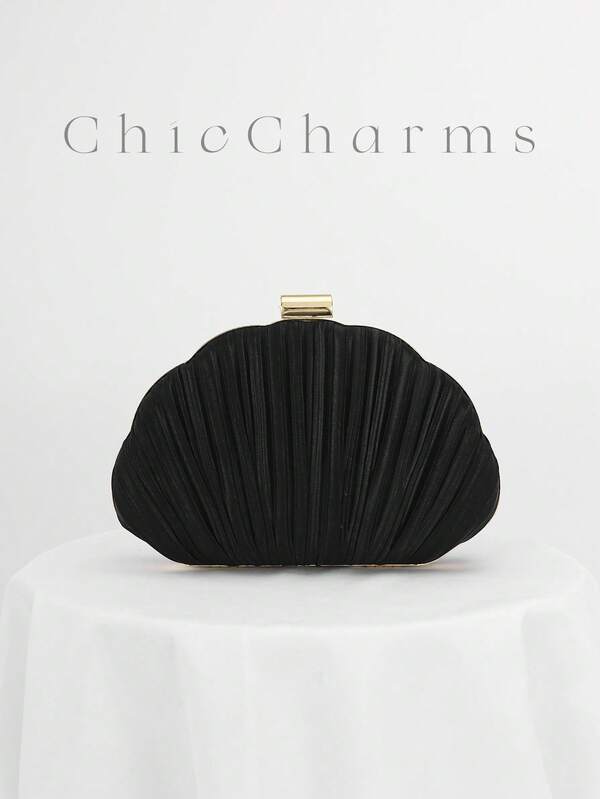 Pleated Satin Design Box-Shaped Evening Clutch, Banquet Bag, Formal Dress Bag, Ball Gown Handbag, Chain Strap Bag, Wedding Purse