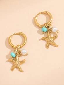 1 对女士不锈钢吊坠耳环，蝴蝶、羽毛、心形、三叶草和珍珠装饰