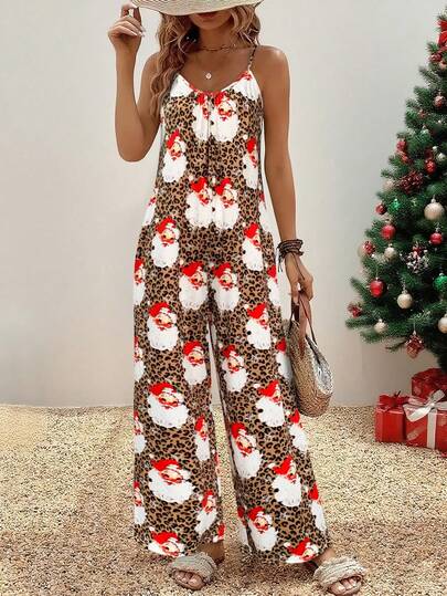 Women's Christmas Santa - Leopard Print Spaghetti Strap Jumpsuit, Ideal For Holiday Celebrations & Casual Wear, Festive Santa Claus Pattern On Leopard Background, Winter Outfit Essentials, Stylish Festive Clothing,,Fashion Christmas Clothes ,Casual Fall Women Clothes