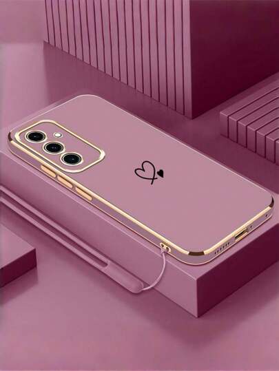 1 pieza [Esencial diario] Funda de teléfono chapada en oro rosa/morado, compatible con iPhone 17 Air/17 Pro/17 Pro Max | Marco del lente dorado + Ribete del Body + Decoración de corazón plateado + Cordón de silicona | Estilo minimalista versátil | Resistente a los arañazos | Compatible con iPhone 17-7/Pro/Pro Max/Plus, S8-S25/FE/Plus/Ultra, Redmi,