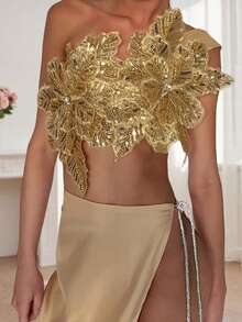 One Shoulder Flower Tops For Women Summer  Backless Slim Fit Sleeveless Crop Vest - Gold - View 3