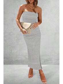 Women's Summer Bodycon Maxi Tube Dress Ribbed Strapless Side Slit Long Going Out Casual Elegant Party DressesHalloween Christmas New Year - 條紋白黑 - 查看 4