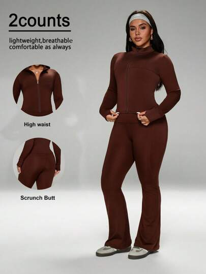 FWH Conjunto de invierno de talla grande con puños con agujero para el pulgar, con cremallera delantera, campana alargadora de piernas, #AthleisureLuxe #PerformanceChic #RetroFuture, conjunto de entrenamiento de cuello alto, ropa de yoga con cremallera, pantalones acampanados con control de abdomen, conjunto de ropa térmica deportiva, conjunto de chaqueta con cremallera y cuello alto y pantalones de yoga acampanados para mujer, conjunto de 2 piezas para mujer