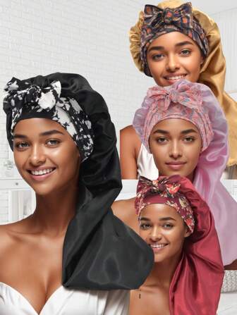 1pc Long Bonnets With Tie For Braids, Long Satin Bonnet With Stretchy Tie Band Sleep Cap For Long Hair.(Printed Patterns Are Random.)