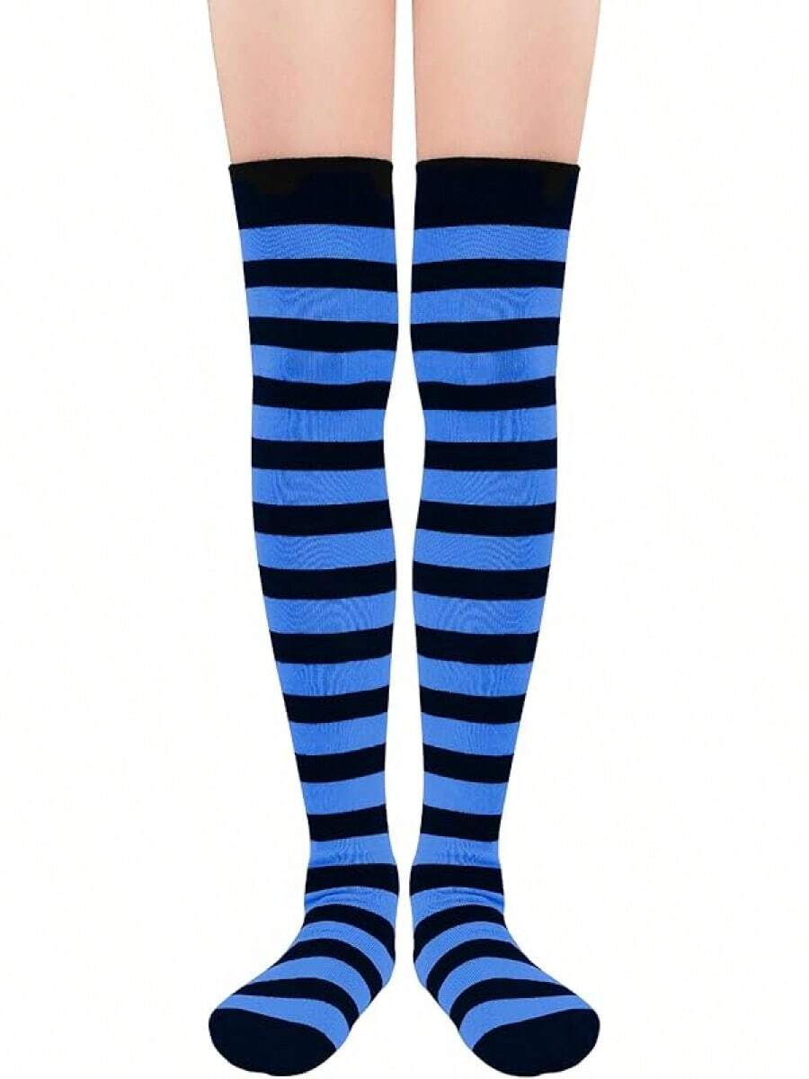 Womens Thigh High Socks Striped High Knee Socks Knee High Socks For Cosplay Long Socks Over The Knee Leg Warmers - Blue & Black Stripes - View 1