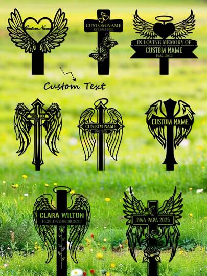 1pc Customized Heart-Shaped Wing Angel Commemorative Metal Stake, Butterfly Cross Commemorative Stake, Custom Name Tombstone Metal Cross Garden Stake, Butterfly Cemetery Stake, Angel Wing Stake, Personalized Angel Wing Cross Logo, Outdoor Tombstone, Sympathy Logo, Courtyard Stake