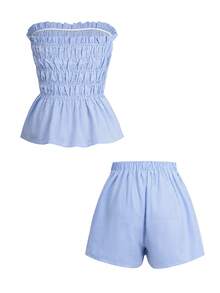 Vaiaye 女士夏季夏威夷波西米亚风热带海滩度假两件套——单肩条纹荷叶边简约日常抹胸上衣和短裤，完美适用于约会、下午茶、假期、音乐节和情人节。 - 藍色 - 查看 4