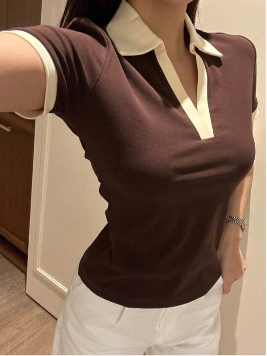 Women's Two-Tone Polo Shirt, Short Sleeve, Ribbed, Cotton, Simple, Casual, Knitted, Daily - 棕色露領 - 查看 1