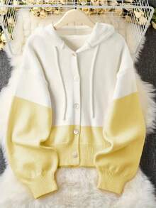 女式宽松拼色连帽开衫 - 舒适纽扣前襟设计，秋冬休闲针织毛衣 - 黃色 - 查看 3
